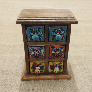 Mango Wood and Ceramic Drawers - Butterfly