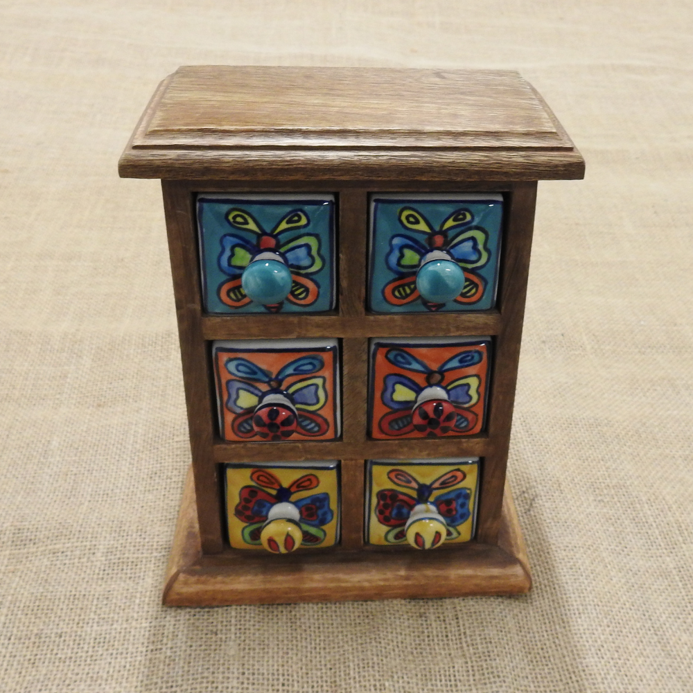 Mango Wood and Ceramic Drawers - Butterfly