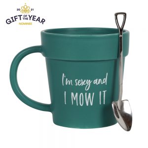 Sexy and I Mow it Mug unboxed with shovel shaped teaspoon - gift of the year