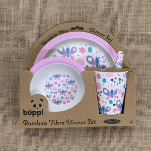 A children's five piece bamboo dinner set with butterfly design