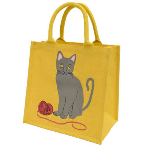 Jute Shopping Bag - Design with grey cat and ball of wool
