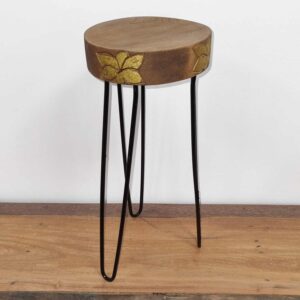Albasia Wood Plant Stand - Natural and gold detail